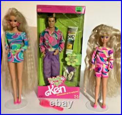 Vintage 1991 Totally Hair Barbie LOT Ken NRFB + Barbie & Skipper Dolls + Dep Gel