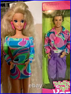 Vintage 1991 Totally Hair Barbie LOT Ken NRFB + Barbie & Skipper Dolls + Dep Gel