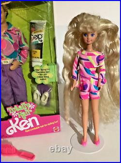 Vintage 1991 Totally Hair Barbie LOT Ken NRFB + Barbie & Skipper Dolls + Dep Gel