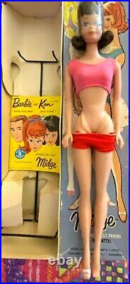 Vintage Brunette Midge Nrfb /w Unused Doll, Box/liner, Booklet, Stand
